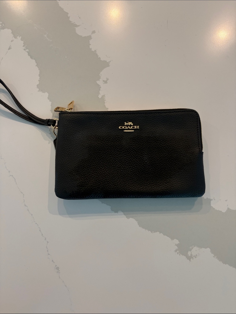 Coach Black Leather Zip Wristlet with Gold Logo